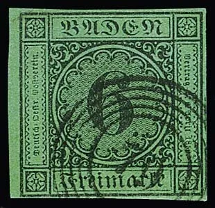 6 Kr. black/yellow-green, wide left sheet margin with NS "79"