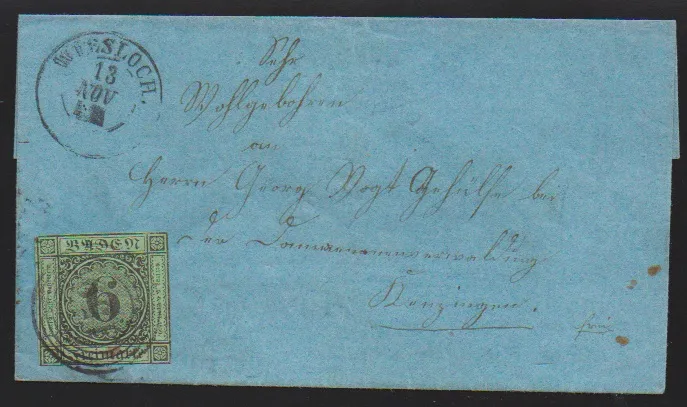 6 Kr. schw./gelbgrün, min. berührt, auf hübschem blauem (!) Briefchen mit NS "159" und K2 "Wiesloch"