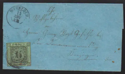 6 Kr. schw./gelbgrün, min. berührt, auf hübschem blauem (!) Briefchen mit NS "159" und K2 "Wiesloch"