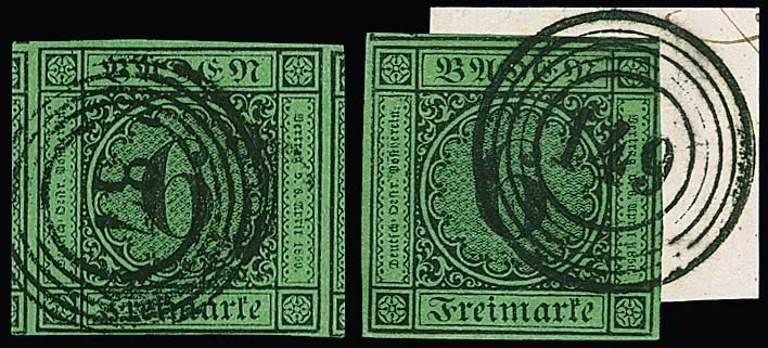 6 Kr. schw./grün, fünf ausgesuchte Exemplare, u.a. riesenrandig (Nebenmarken) auf Briefstück mit NS "149" und lose mit NS "87", ferner mit rotem NS "115" und…