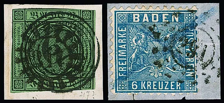 6 Kr. schw./gelbgrün mit Doppelentwertung durch NS und zentrischen bayerischen Mühlradstempel, ferner 6 Kr. blau auf Prachtbriefstück mit bayerischem oMR…