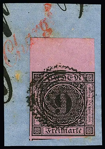 9 Kr. schw./dunkelrosa, weitgehend vollrandig, oben 12mm Bogenrand (auf den Bogenrand übergehender roter L1 "Chargé") auf Prachtbriefstück mit NS "87",…