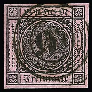 9 Kr. schw./rosa, fünf ausgesucht voll-, teils riesenrandige Kabinett-/Luxusstücke, einmal vom Oberrand