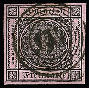 9 Kr. schw./rosa, fünf ausgesucht voll-, teils riesenrandige Kabinett-/Luxusstücke, einmal vom Oberrand
