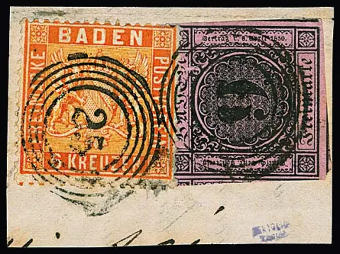 9 Kr. schw./dunkelrosa, dreiseitig überrandig geschnitten mit Nebenmarken, in Mischfrankatur mit sehr gut gezähnter 6 Kr. orange auf Briefstück mit NS "25",…