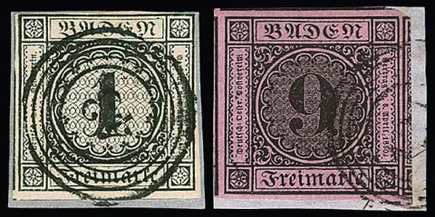 9 Kr. schw./dunkelrosa (alle vier Seiten Nebenmarken!), sign. Stegmüller, und 1 Kr. schwarz, zwei überrandige Kabinettbriefstücke