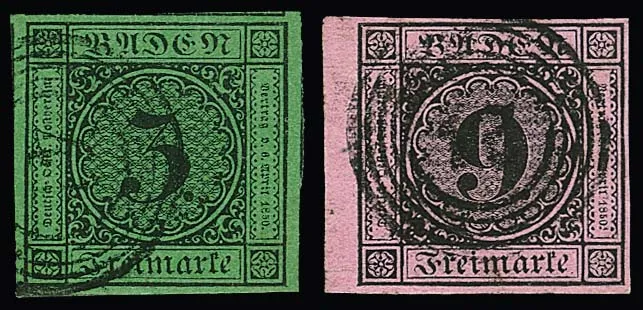 9 Kr. černá/růžová (sign. Krause, Flemming) a 6 Kr. černá/zelená (tři strany s okraji), dva velmi širokomarginální luxusní kusy
