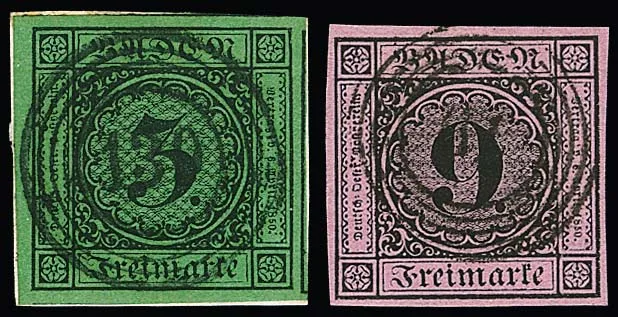 9 Kr. černá/růžová, širokomarginální luxusní kus, sign. Stegmüller, a také výjimečně velkomarginální 3 Kr. černá/zelená, vlevo od okraje archu, všechny ostatní tři strany...