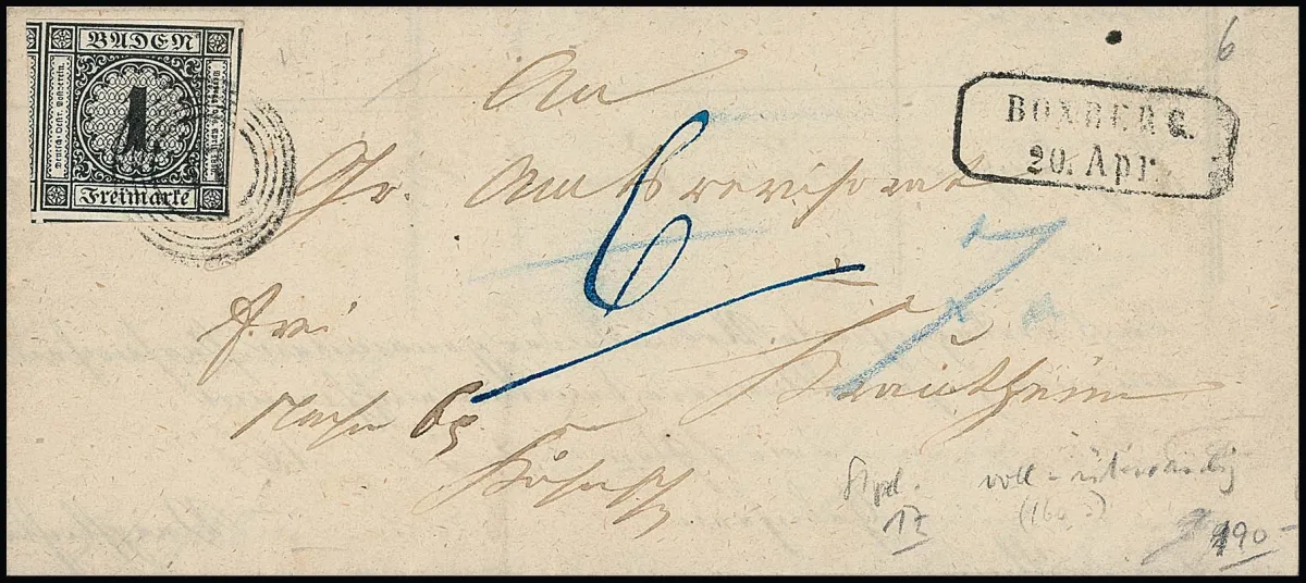 1 Kr. černá, obrovskomarginální luxusní kus, tři strany s okraji, na formuláři "Besonderer Zustellschein" na dobírku s razítkem "17" a Ra2 "Boxberg" 1864