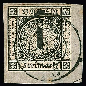 1 Kr. black, cut at right, on piece with complete local K2 cancel "Baden", signed Englert