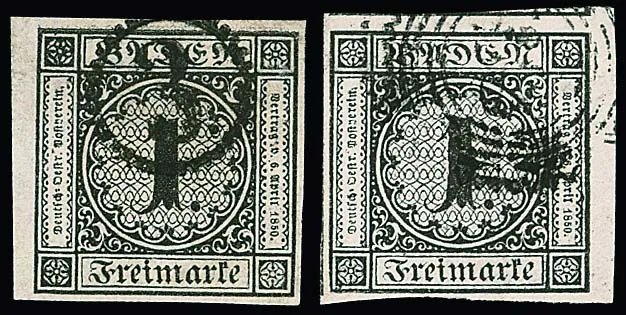 1 Kr. black, two extremely large-margined cabinet/luxury marginal pieces, one with ideal clock cancel "3", signed Bühler resp. Englert