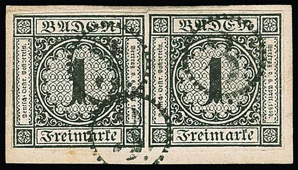 1 Kr. black, largely wide-margined pair on superb piece with three clear clock cancels "3"