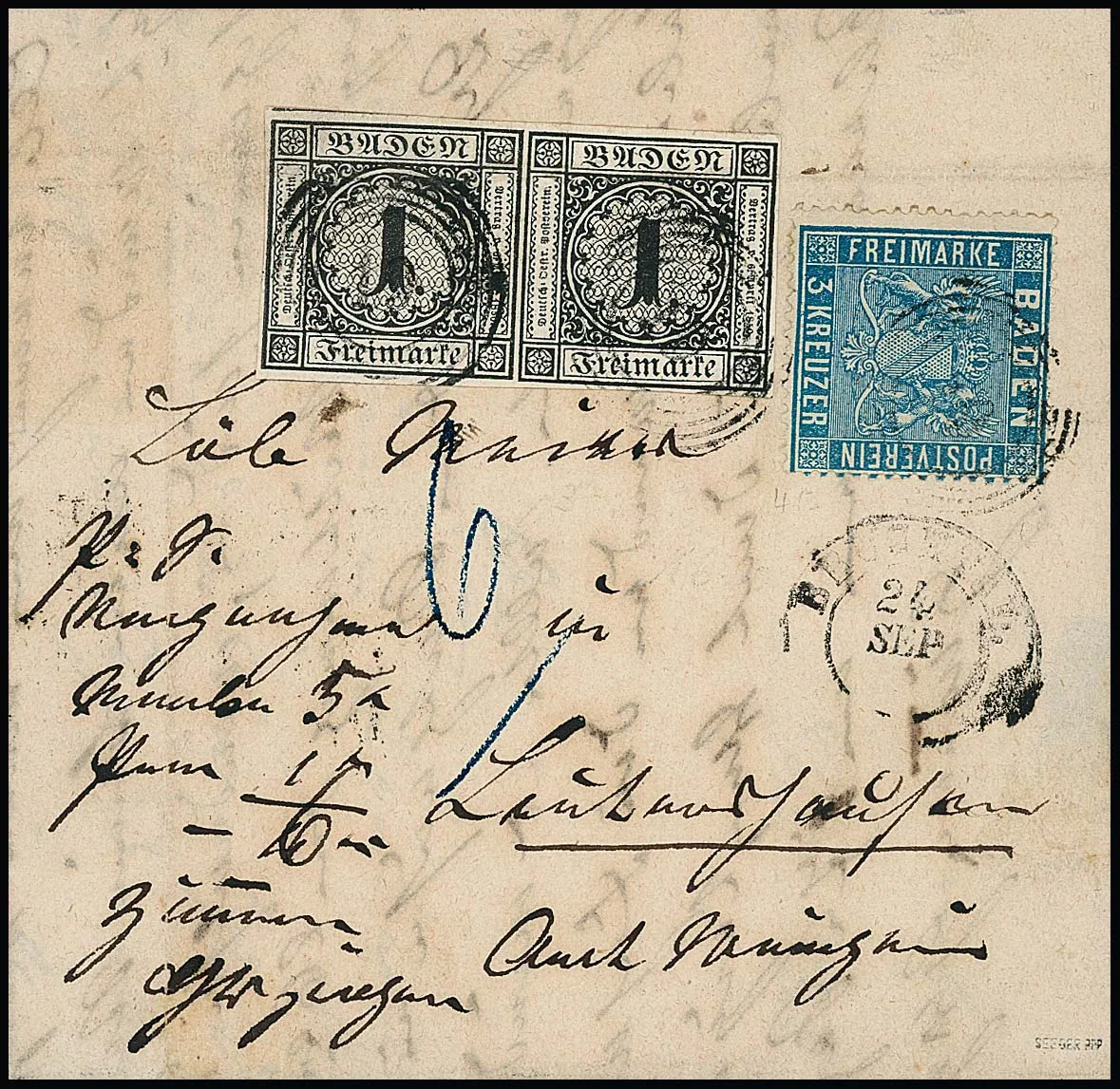 1 Kr. black in pair (hinge trace) in mixed franking with perf. 3 Kr. Prussian blue on rural COD order letter with NS "19" and K2 "Bruchsal" to Leutershausen…