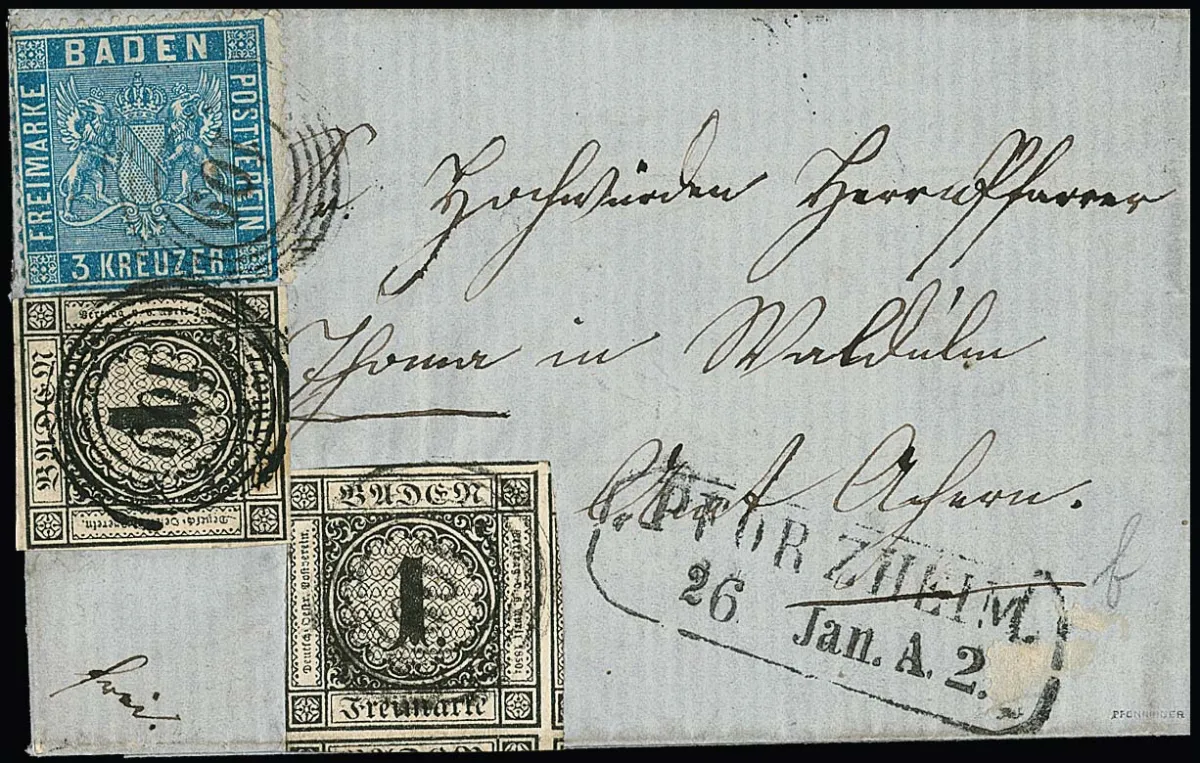 1 Kr. black, two partly over-margined examples in mixed franking with 3 Kr. Prussian blue on small letter from Pforzheim to the rural district of Achern,…