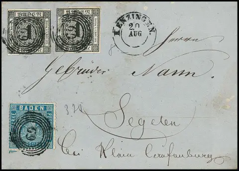 1 Kr. schwarz per zwei in Mischfrankatur mit gez. 3 Kr. ultramarin auf (rs. unkpl.) Brief mit NS "69" und K2 "Kenzingen"
