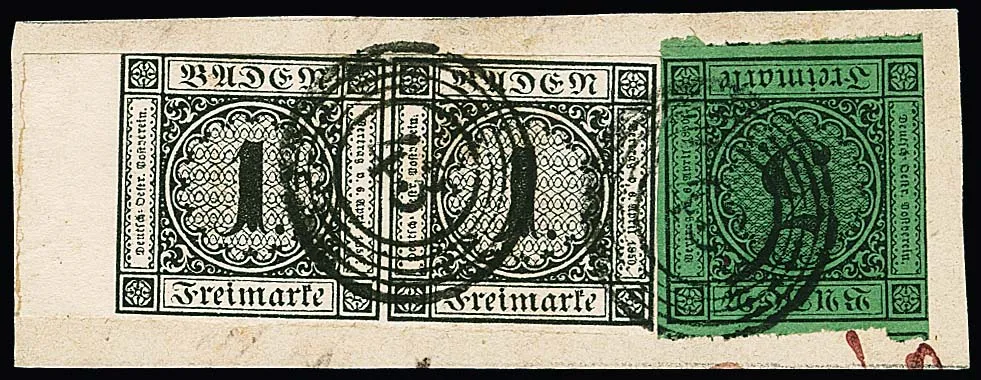 1 Kr. black in pair with 8mm wide left sheet margin, only slightly touched at top left, together with 3 Kr. black/green, on superb piece with NS "43", signed Seeger