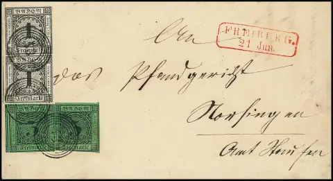 1 Kr. schwarz im Paar, nebst zweimal 3 Kr. schw./grün, auf innen nicht ganz kpl., etwas gereinigtem Brief mit NS "43" und rotem Aufgabe-Ra2 "Freiburg",…