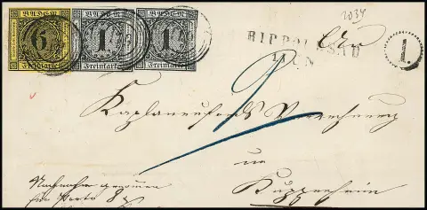 1 Kr. schwarz per zwei (einmal rechts etwas angeschnitten), nebst 6 Kr. schw./gelb auf Nachnahmebrief (wie oft ohne seitliche Klappen) mit NS "119", L2…
