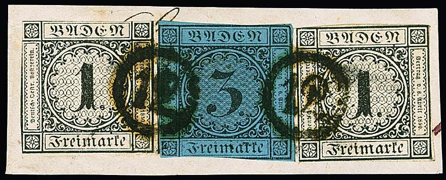 1 Kr. noir en paire avec 3 Kr. noir/bleu (petit pli d'angle), coupe typique d'émission, sur fragment décoratif avec cachets horaires clairs "12"