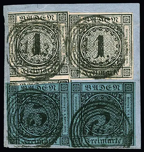 1 Kr. schwarz und 3 Kr. schw./blau, jeweils per zwei, üblich geschnitten und oben Bugspur, auf Briefstück mit NS "163" (Zell a.W.), seltene Kombination