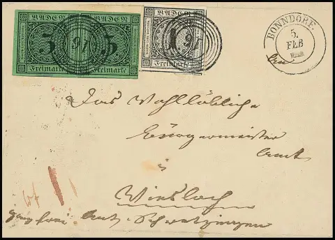 1 Kr. schwarz, breitrandiges Luxusstück, nebst waager. Paar 3 Kr. schw./grün (re. Marke re. berührt, sonst breitrandig), auf innen nicht ganz kpl.…