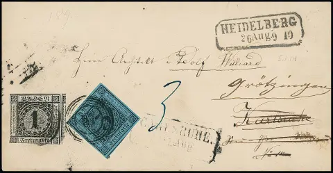3 Kr. schw./blau, überrandiges Kabinettstück auf Couvert von Heidelberg nach Carlsruhe mit NS "57", von dort mit 1 Kr. schwarz (teils angeschnitten) als…
