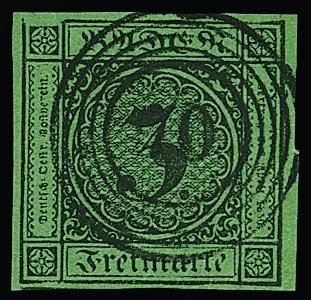 3 Kr. zwart/groen, plaatfout "linkerbovenhoek open", zeer breedgerand luxe stuk van de rechterrand met gecentreerde stempel "70"
