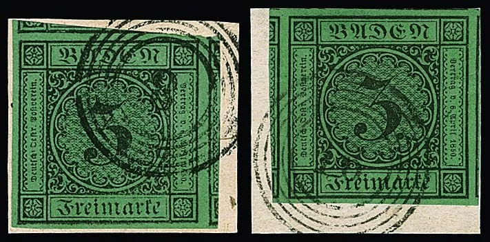 3 Kr. schw./grün, zehn Briefstücke, dabei überrandige Luxusstücke