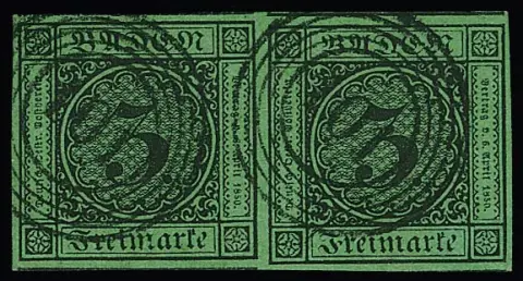 3 Kr. schw./grün, riesenrandiges Luxuspaar (mehrere Nebenmarken) mit klaren NS "101" (Oberkirch)