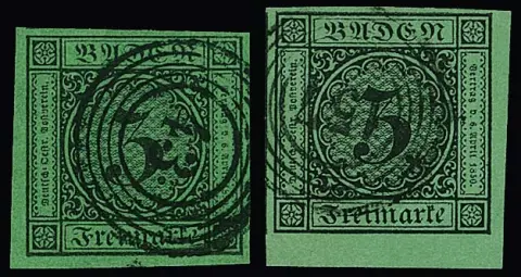 3 Kr. schw./grün, zwei breitrandige kleine Luxus-Bogenecken links und rechts unten, je Fotoexp. Stegmüller