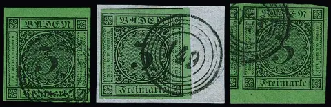 3 Kr. schw./grün, drei ausgesucht breitrandige Luxus-Randstücke, teils Nebenmarken, je Fotoexp. Stegmüller