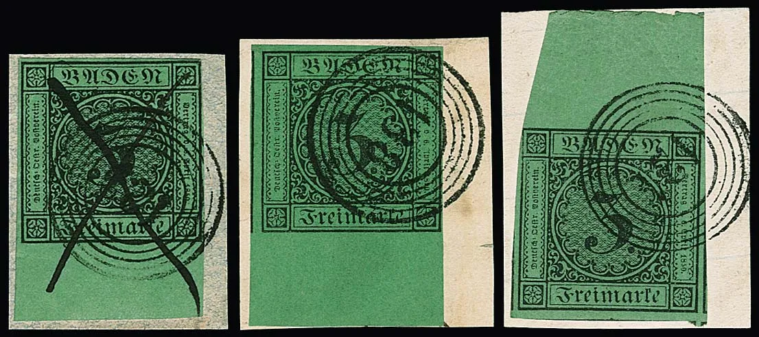 3 Kr. schw./grün, drei Briefstücke mit Marken mit teils sehr breiten Ober- bzw. Unterrändern, siehe Foto (einmal kl. Beanst.)