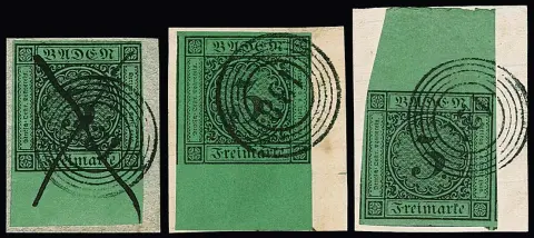 3 Kr. schw./grün, drei Briefstücke mit Marken mit teils sehr breiten Ober- bzw. Unterrändern, siehe Foto (einmal kl. Beanst.)
