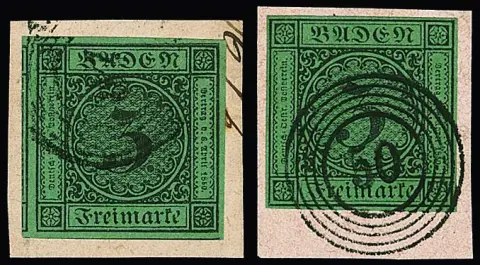 3 Kr. schw./grün, zwei Luxusbriefstücke, einmal idealer NS "50", einmal riesenrandig mit Nebenmarken, dazu Paar auf Kabinettbriefstück