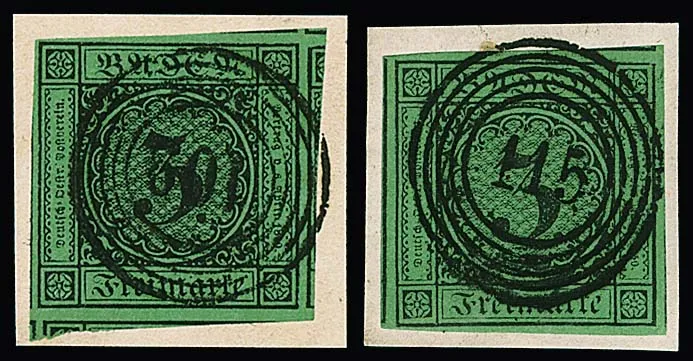 3 Kr. schw./grün, acht Briefstücke mit ausgesucht voll- bis überrandigen Marken, dabei Luxus-Schnittriesen