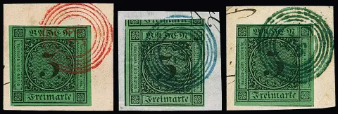 3 Kr. schw./grün, acht Werte, oft auf Briefstück, mit farbigen NS, dabei je zweimal "28" und "115" in rot, sowie "92"(2), "110" und "125" je in blau