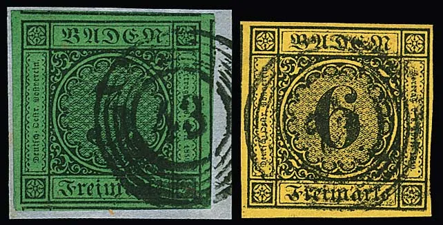 3 Kr. noir/vert (quatre côtés avec marges), 3 Kr. noir/bleu et 6 Kr. noir/jaune-orange (chacun signé avec certificat Ferchenbauer), trois pièces de luxe à grandes marges