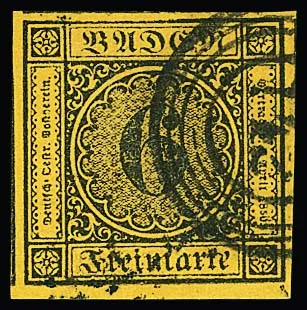 6 Kr. black/yellow-orange, very wide-margined cabinet piece, at bottom from sheet margin, all other sides with margins