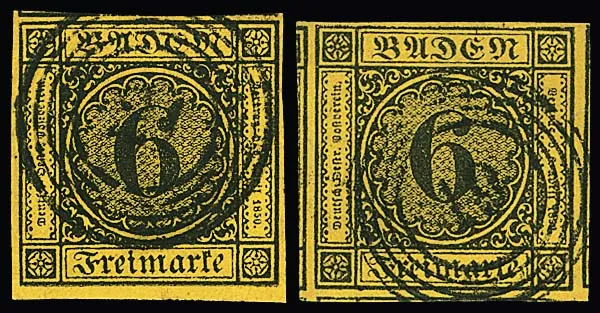 6 Kr. schw./gelborange, zwei breit- bis riesenrandige Luxusstücke, einmal Teile von vier Nebenmarken an drei Seiten (Fotoexp. Stegmüller)