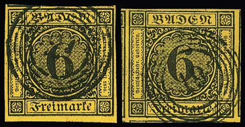 6 Kr. schw./gelborange, zwei breit- bis riesenrandige Luxusstücke, einmal Teile von vier Nebenmarken an drei Seiten (Fotoexp. Stegmüller)