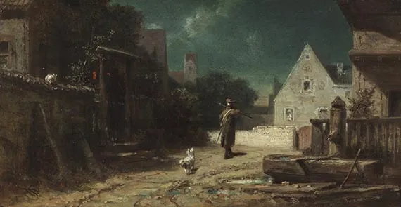 Carl Spitzweg, Nachtwächter bei Mondschein, Hund und Katze