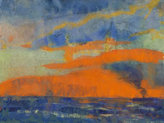 Emil Nolde, Meer mit Dampfer und orangefarbenen Himmel