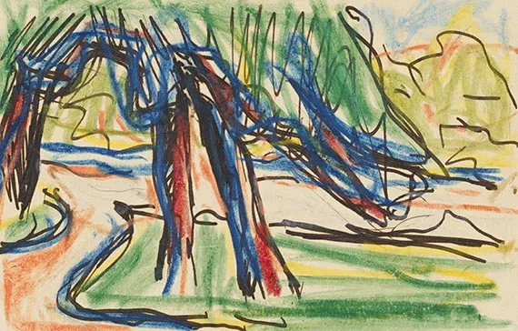 Karl Schmidt-Rottluff, Bäume am Weg (pohlednice), 1910