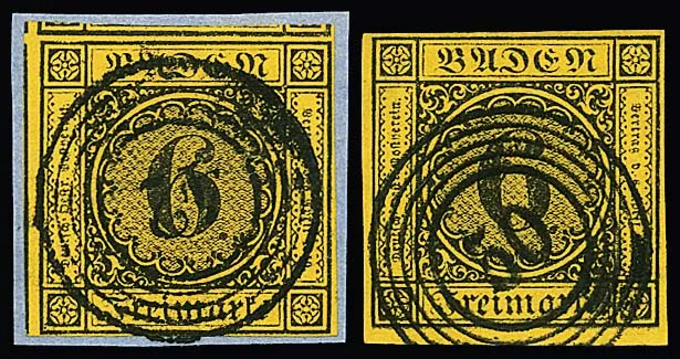 6 Kr. black/yellow-orange, seven letter pieces and one loose stamp, often in cabinet quality, all with clear NS