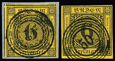 6 Kr. schw./gelborange, sieben Briefstücke und eine lose Marke in oft Kabinetterhaltung, alle mit klaren NS