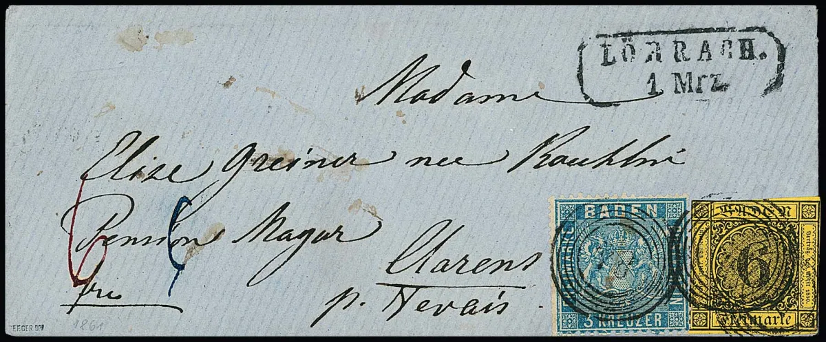 6 Kr. black/yellow in mixed franking with 3 Kr. Prussian blue (shortened perforations) on lady's cover with NS "84" and Ra2 "Lörrach", plus 3 Kr. light pen stroke, to Clarens/Switzerland, signed Seeger