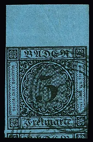 3 Kr. noir/bleu, pièce de bord supérieur de cabinet à marges pleines à larges avec bord supérieur de 11 mm (en bas avec parties des timbres voisins)