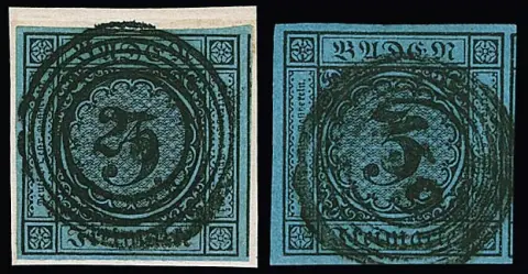 3 Kr. noir/bleu, deux pièces de luxe à marges extrêmement grandes (timbres voisins) avec NS clairs, "25" (Bfst.) et "159"