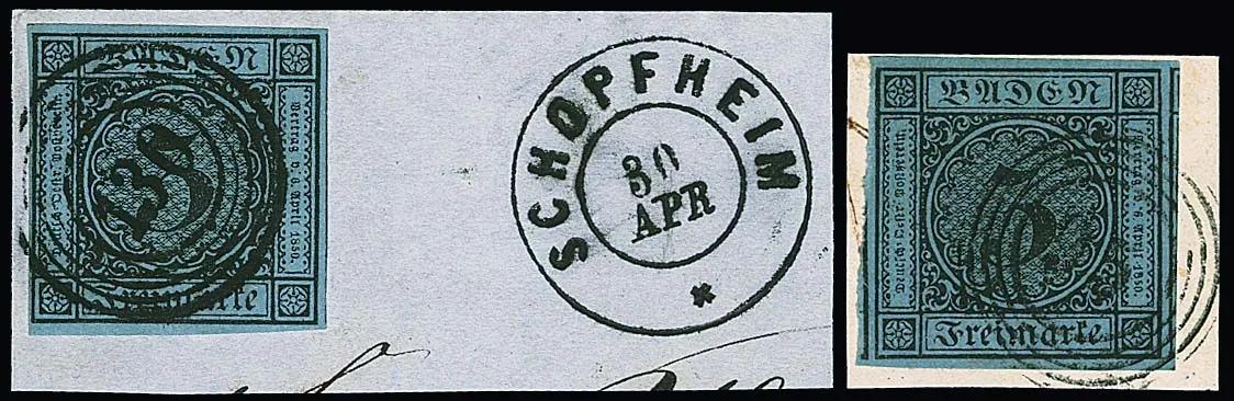 3 Kr. black/blue, six cabinet/luxury letter pieces with full to enormous margins, including beautiful NS, and a seventh letter piece (this one slightly touched) with…
