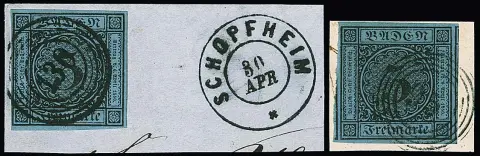 3 Kr. noir/bleu, six pièces de lettre de cabinet/luxe avec timbres à marges complètes à énormes, dont de beaux NS, ainsi qu'une septième pièce de lettre (celle-ci légèrement touchée) avec…